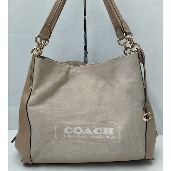 Coach Dalton Bag 31 Taupe Canvas Leather 3 Compartments Shoulder Bag - Picture 3 of 16